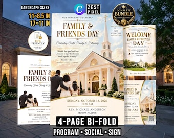 Family and Friends Day Church Program, White Gold Canva Bifold and Welcome Sign Bundle