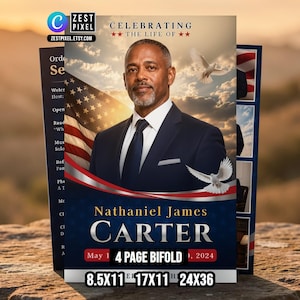 Op de afbeelding: Een 4-pagina's tellende gevouwen herdenkingskaart met een portret van Nathaniel James Carter, met de Amerikaanse vlag op de achtergrond. Het ontwerp bevat duiven, patriottische kleuren en de tekst "Celebrating the Life of" en de datum 1 mei 2024. Beschikbaar in formaten 21,6x28cm, 43,2x28cm en 61x91cm.