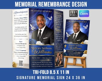 Tri Fold Funeral Program Template 8.5x11 Canva Editable Memorial Brochure + Bonus 24x36 Memorial Poster