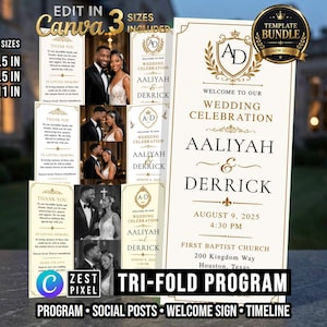 May include: A wedding program template bundle featuring a cream and gold color scheme with elegant typography. The design includes a crest with the initials AD, wedding details for Aaliyah and Derrick, and placeholders for photos. Sizes include 11x8.5, 14x8.5, and 17x11 inches.