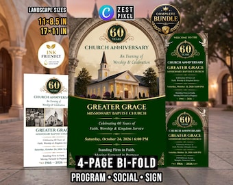 Green Church Anniversary Bulletin Template | Canva Program Social Post Welcome Sign Bundle