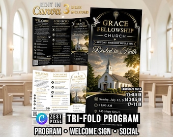 Black Gold Church Bulletin, Elegant Sunday Worship Program, Editable Canva Trifold Church Service Bundle