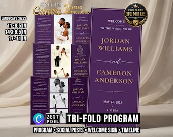 Purple Wedding Program Template, Editable Canva Trifold Ceremony Brochure, Elegant Printable Bundle
