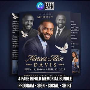 Editable Funeral Program Template Canva, 4 Page Memorial Bundle with Sign, Social Post and Shirt