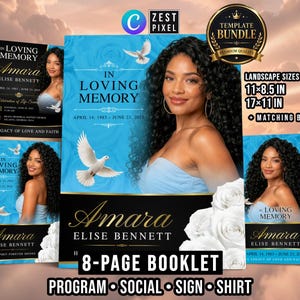 8 Page Funeral Program Template, Light Blue Memorial Booklet, Celebration of Life Canva Bundle