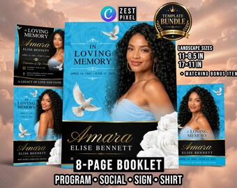 8 Page Funeral Program Template, Light Blue Memorial Booklet, Celebration of Life Canva Bundle