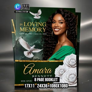 Plantilla de programa funerario Green Gold: Folleto conmemorativo de 8 páginas (Descarga en Canva)