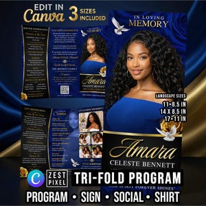 Royal Blue Trifold Funeral Program Template Bundle, Editable Canva Memorial, Celebration of Life Set