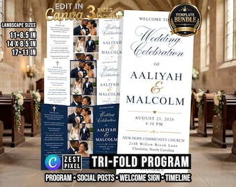 Wedding Ceremony Program, Navy Blue Tri Fold Wedding Template, Editable Canva Printable