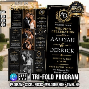 Puede incluir: Un paquete de plantillas para programa de boda en negro y dorado con los nombres Aaliyah y Derrick, la fecha 9 de agosto de 2025 y la ubicación First Baptist Church, 200 Kingdom Way, Houston, Texas, en tamaños horizontales de 27,9x21,6, 35,6x21,6 y 43,2x27,9 cm.