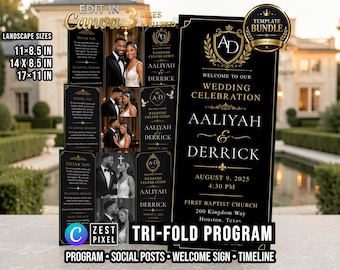 Black Gold Wedding Program Template, Luxury Canva Trifold Ceremony Order of Service, Formal Monogram