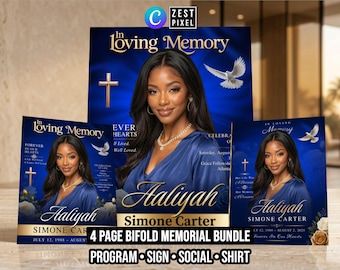 Funeral Program Template Canva, 4 Page Bifold, Celebration of Life, Obituary, Welcome Sign Bundle