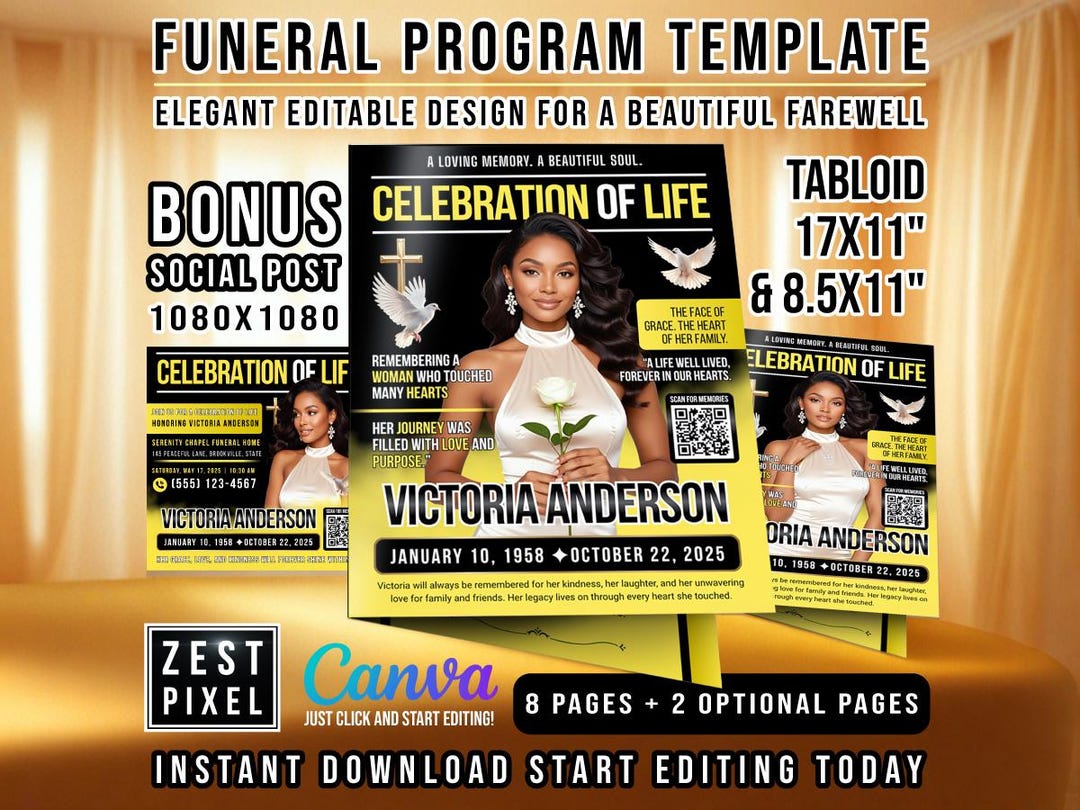 Funeral Program Template, Editable Canva Celebration of Life Booklet ...