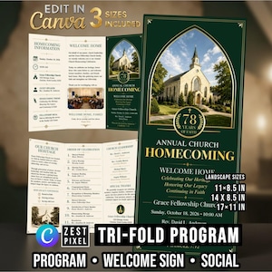 May include: A tri-fold church program template in dark green and gold featuring an arched image of a church building, text reading Annual Church Homecoming, 78 Years of Faith, and details for Sunday, October 18, 2026, with landscape sizes 11x8.5, 14x8.5, and 17x11 inches.