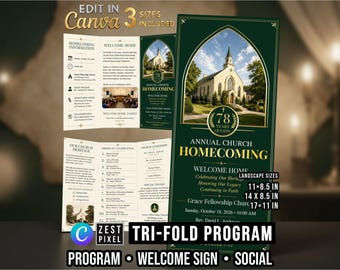 Church Homecoming Program Template, Emerald Green Canva Tri Fold, Welcome Sign Social