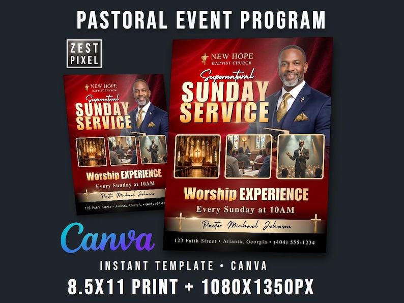 Sunday Service Church Flyer Template, Editable Canva Church Program ...