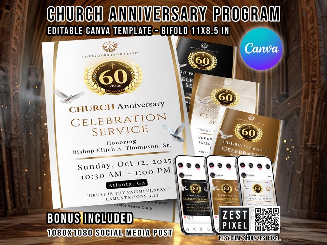 Church Anniversary Program Template: Editable Canva Bifold (11x8.5 In ...