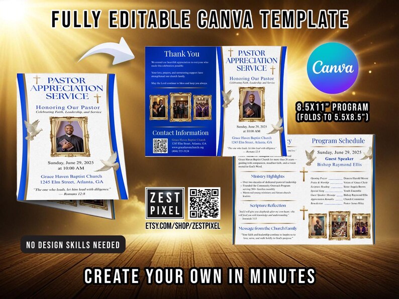 Pastor Appreciation Program Template | 11x8.5 Bifold Church Service ...