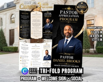 Black Gold Pastor Appreciation Program Template, Tri Fold Church Program, Editable Canva