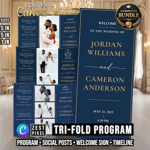 May include: A navy blue tri-fold wedding program template with gold text featuring the names Jordan Williams and Cameron Anderson, the date May 24, 2025, and time 4:30 PM. The design includes photo placeholders and text sections for thank you notes and in loving memory.
