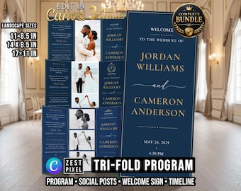 Navy Wedding Program Template, Editable Canva Tri Fold Ceremony Brochure, Classic Printable Bundle