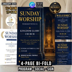 May include: A digital church program bundle featuring dark blue and gold designs with text reading Sunday Worship, Kingdom Glory Church, and Psalm 100:4. Includes landscape sizes 11x8.5 inches and 17x11 inches, plus a white ink-friendly version.