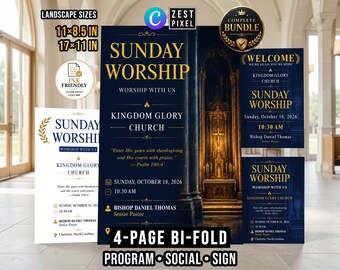 Sunday Worship Program Template, Church Service Bulletin, Editable Canva Bi Fold Bundle
