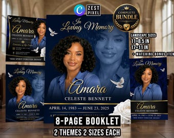 Blue Funeral Program Canva Template | 8 Page Celebration of Life Booklet | Instant Download