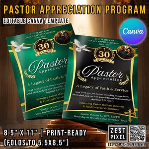 Pastor Appreciation Program Template 8.5&quot;x11&quot; | Editable 4 Page Canva Brochure | Church Anniversary & Tribute Program PDF