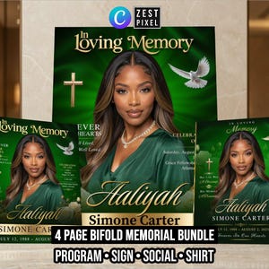 4 Page Bifold Funeral Program, Editable Canva Memorial Bundle with Sign and Social Post