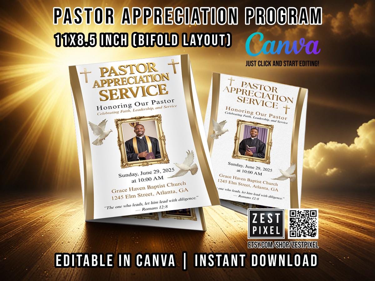 Pastor Appreciation Program Template – Editable Church Bifold 11x8.5 ...
