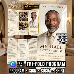 Trifold Funeral Program Template Bundle, Canva Editable Memorial Brochure, Homegoing Obituary, Sign, Social, Shirt