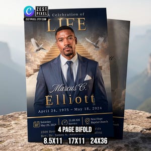 May include: A navy blue 4-page bifold memorial card with the text "Celebration of LIFE" and the name "Marcus C. Elliott". The card includes dates, service details, and sizes 8.5x11, 17x11, and 24x36.