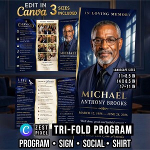 Navy Blue Funeral Program Template, Trifold Celebration of Life, Editable Canva Memorial Bundle