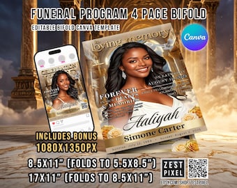 Elegante programma funebre pieghevole, modello di necrologio stampabile su Canva a 4 pagine.