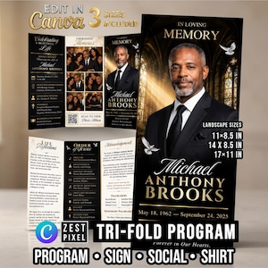 Elegant Funeral Program Template, Black Gold Trifold Memorial, Editable Canva
