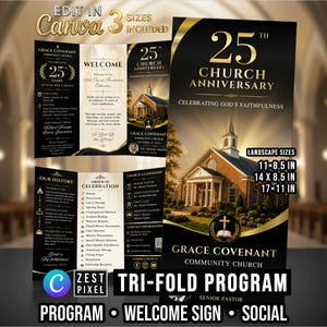 May include: A black and gold tri-fold church program template featuring the text 25th Church Anniversary Celebrating God's Faithfulness. The design includes a church building image, event details, and lists sizes of 11x8.5 inches, 14x8.5 inches, and 17x11 inches.