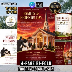 May include: A digital flyer bundle for New Hope Baptist Church Family & Friends Day featuring a church building, sunset sky, and a family. Text includes event details, Psalm 133:1, and Rev. Michael Anderson. Available in 11x8.5 and 17x11 inch sizes.