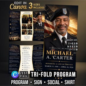 Military Funeral Program Template, Veteran Trifold Memorial Program Canva, Celebration of Life Brochure Printable