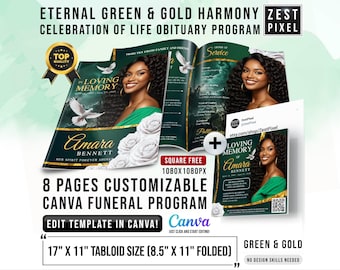 Eternal Green and Gold Funeral Program Template 8 Pages Customizable Canva Printable for Memorial Celebration of Life Obituary Editable