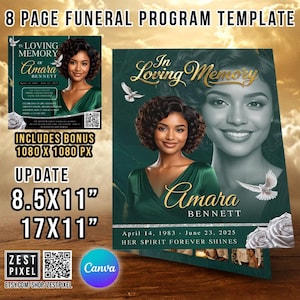 Modern Green 8-Page Funeral Program Canva Template | Editable Obituary & Celebration of Life Booklet | Printable Memorial Brochure