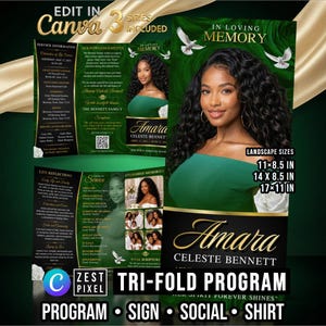 Trifold Memorial Brochure Canva Template, Celebration of Life Bundle with Sign & Shirt