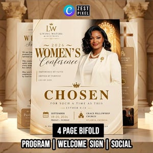 Könnte beinhalten: Ein 4-seitiges Faltprogramm für die Frauenkonferenz 2026 mit dem Titel Chosen For Such A Time As This. Der Flyer zeigt eine Frau im weißen Blazer, goldene Schrift und Veranstaltungsdetails vom 18. bis 20. September 2026 in der Grace Fellowship Church.