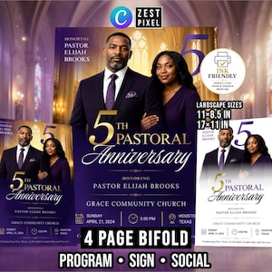 Pastor Appreciation Program Template, 4 Page Bifold Church Anniversary Canva Bundle