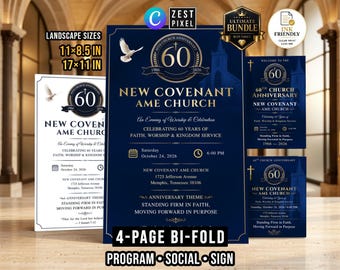 Blue Church Anniversary Bulletin Template | Navy Gold 4 Page Bifold Worship Program | Canva Download
