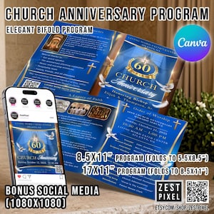 以下が含まれることがあります： 「60周年記念教会」と「Living Word Faith Center Atlanta」の文字が入った、青と金の教会記念プログラム。ソーシャルメディアのグラフィックを表示するスマートフォンが含まれています。21.6x27.9cmと43.2x27.9cmのサイズで利用できます。
