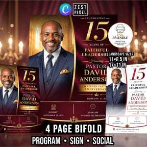 May include: A digital flyer template for a 15th pastoral anniversary featuring a portrait of a man in a suit. Text includes Celebrating 15 Years of Faithful Leadership Honoring Pastor David Anderson, Sunday September 20 2026, 10:00 AM, and Grace Fellowship Church. Sizes 11x8.5 in and 17x11 in are listed.
