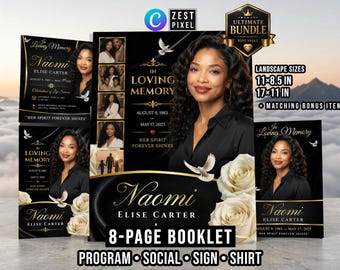 Black In Loving Memory Program, 8 Page Funeral Booklet, Editable Canva Bundle