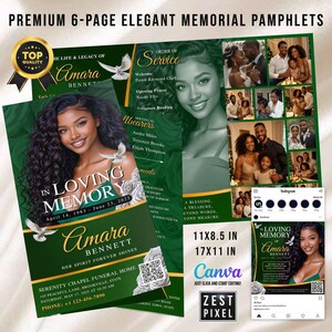 May include: A premium 6-page memorial pamphlet with a green and gold design. The pamphlet features a photo of a woman, the text "In Loving Memory," and the name "Amara Bennett." It includes photos and the text "Order of Service."