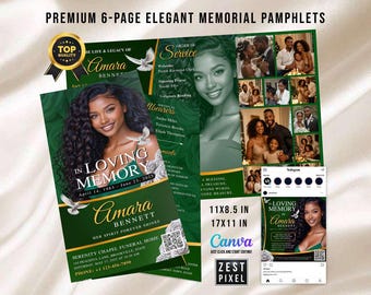 Elegant Trifold Green Funeral Program Template Canva In Loving Memory Template 17x11 and 8.5x11 Customizable Obituary Pamphlet